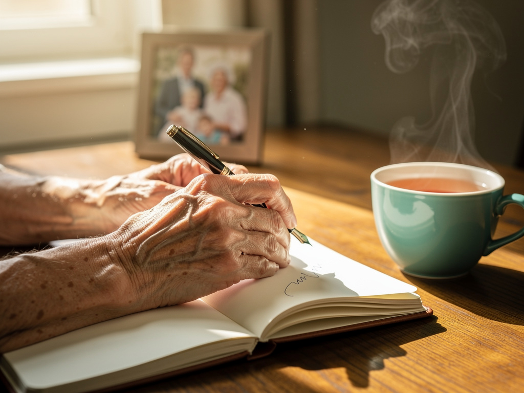 An older person's hands resting on an open notebook with a pen, a cup of tea, and a family photo in warm window light.