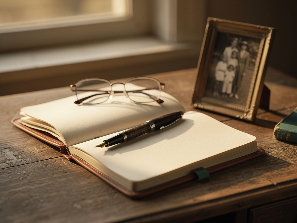 A worn writing desk in golden afternoon light with an open journal, a pen, reading glasses, and a framed family photograph.